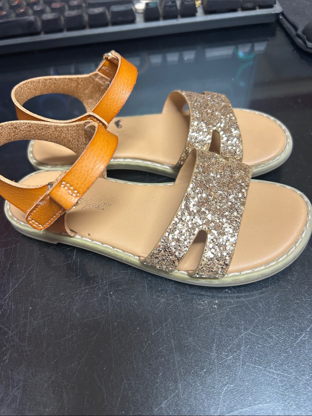 Cat & Jack Girls' Glitter Gold and Tan Ankle Strap Sandals sz 10